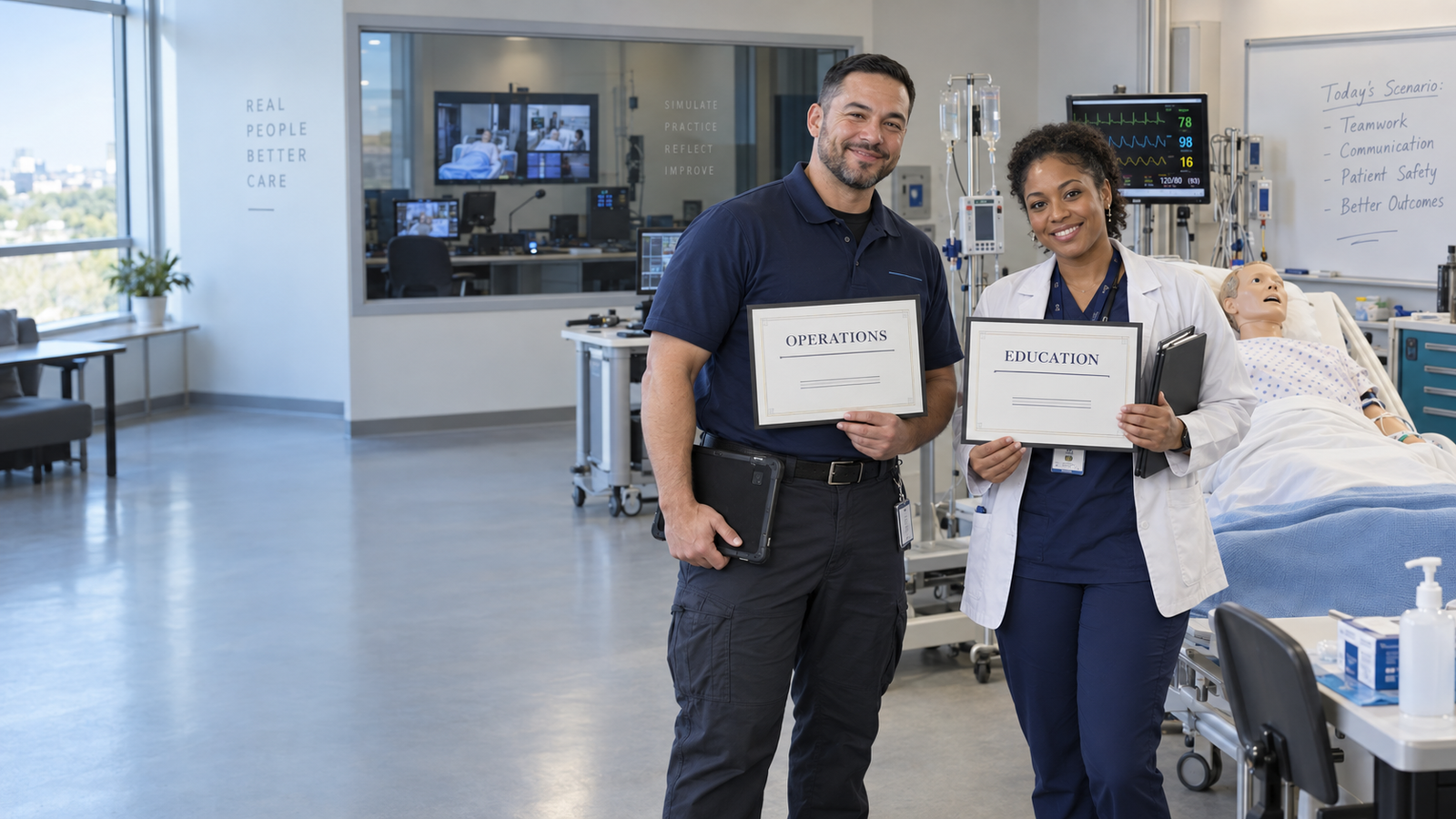 A simulation operations specialist and simulation educator holding certificates beside a patient simulator